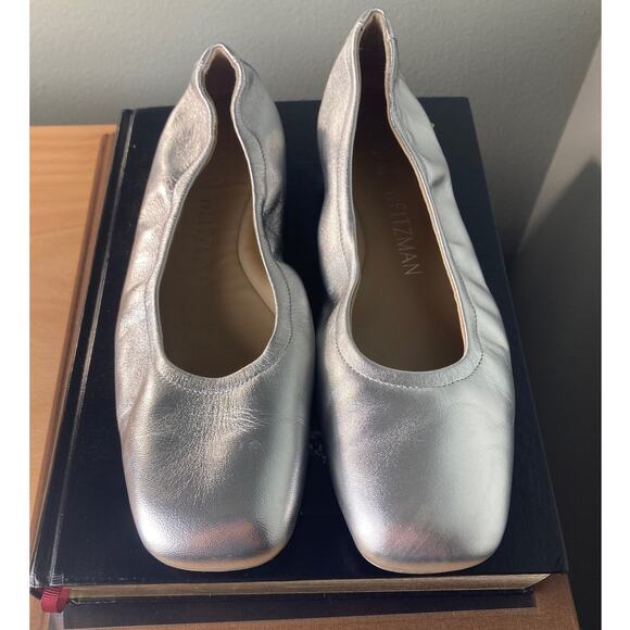 Stuart Weitzman Ballet Flats Silver Square Toe Sz 9 US / 39.5 EU Liquid Metallic - Picture 1 of 8